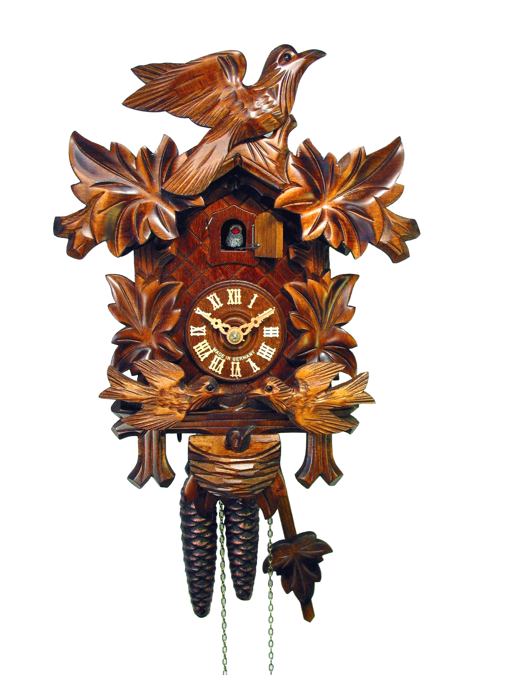 Kuckucksuhr "4-Laub, Wippende Vögel, Nest"