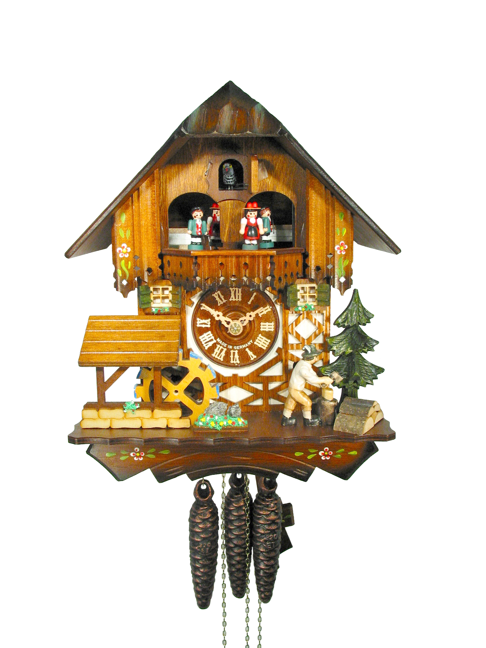 Kuckucksuhr "Schwarzwaldhaus, Mühlrad, Holzhacker"