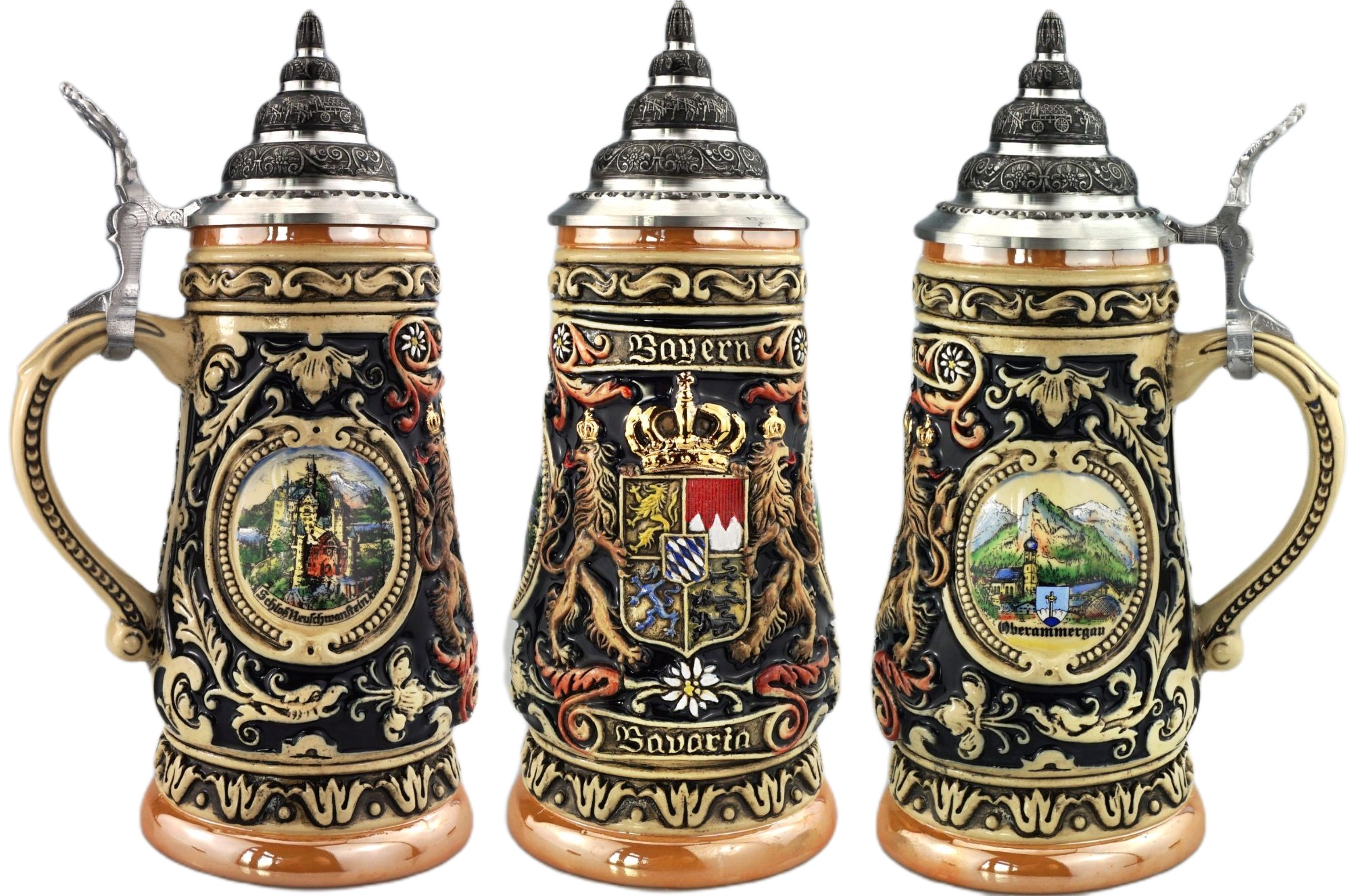 Bavaria jug 0.4 liter, hand-painted, side motifs Neuschwanstein & Oberammergau, with pewter lid