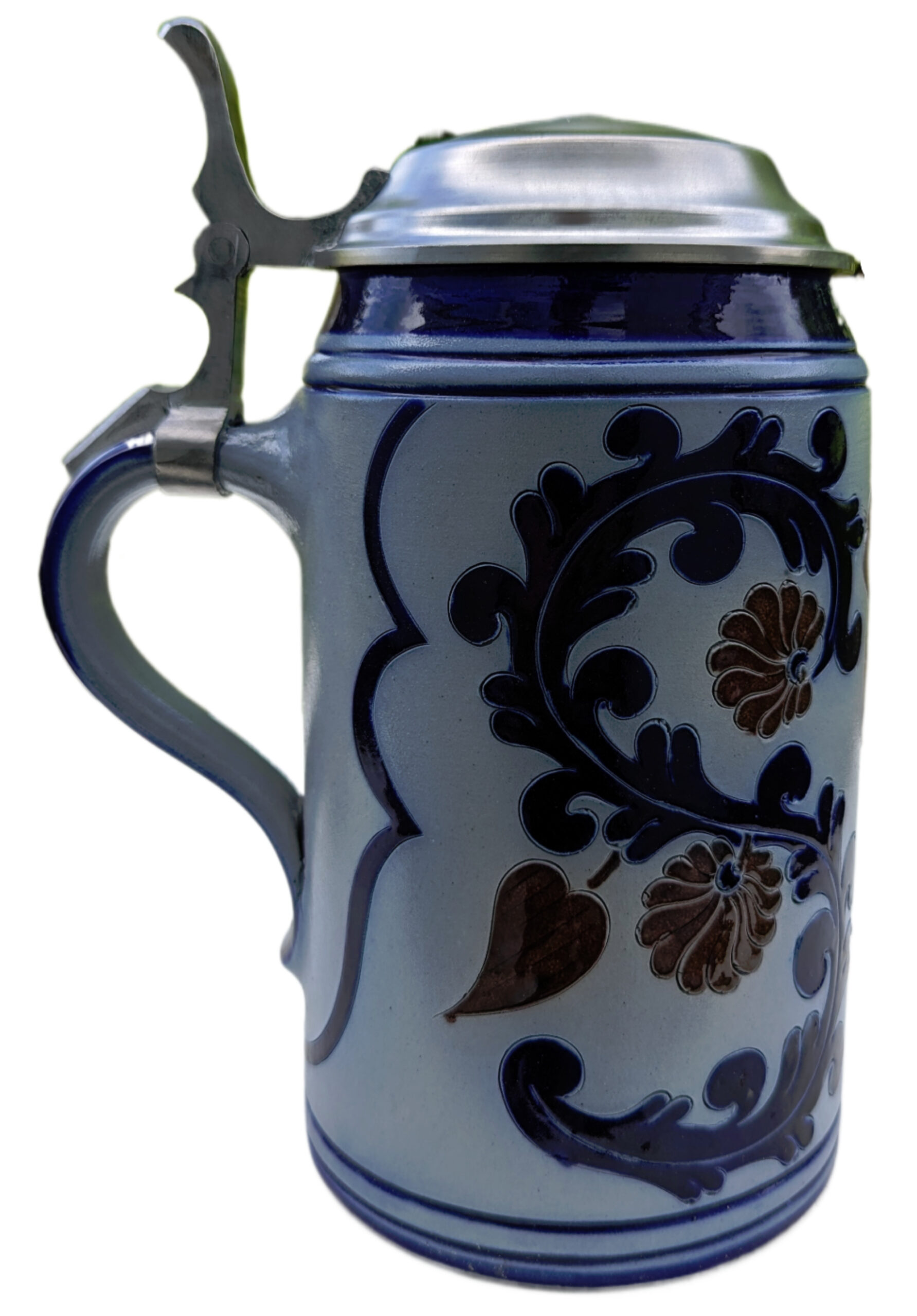 Krug mit Salzglasurdekor, schwerer Zinndeckel, von ca. 1970