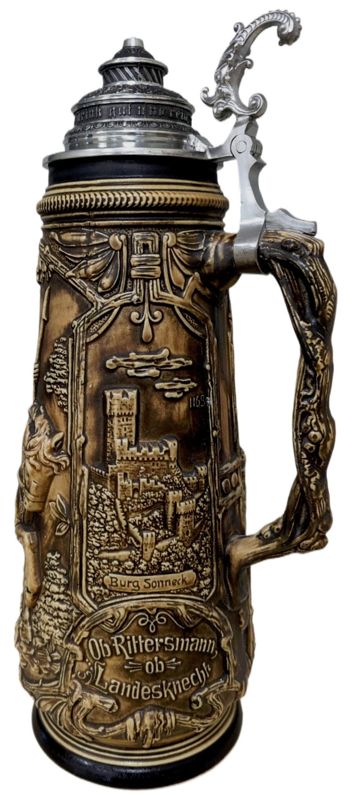 Landsknecht Krug Patina-Braun, 3 Liter mit Pracht-Zinndeckel – Bild 3