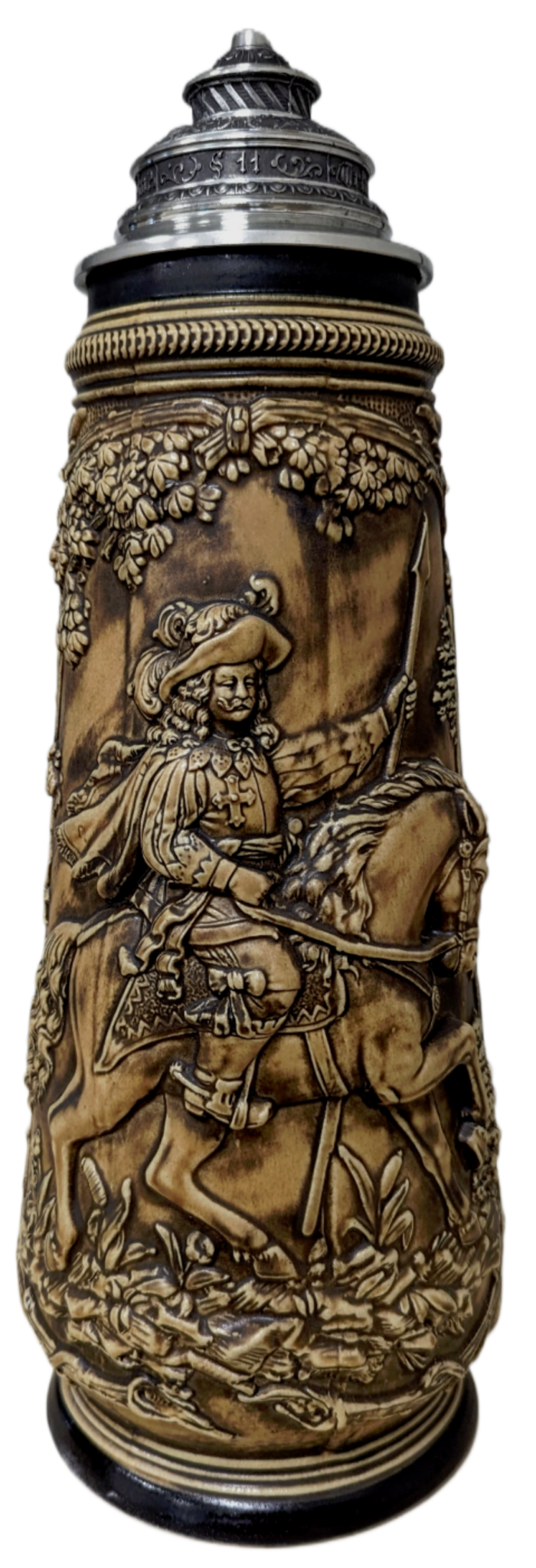 Landsknecht Krug Patina-Braun, 3 Liter mit Pracht-Zinndeckel