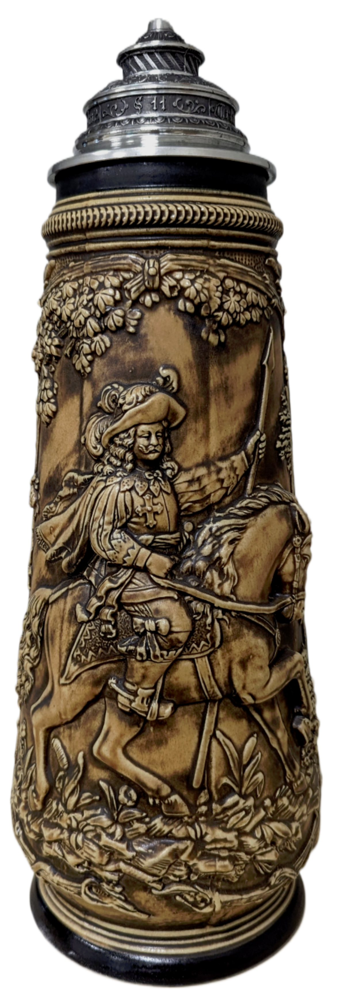 Landsknecht Krug Patina-Braun, 3 Liter mit Pracht-Zinndeckel