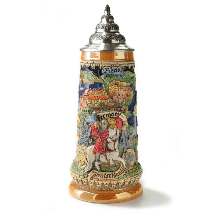 Vater Rhein Krug 1/2 Ltr., kobalt, handbemalt mit Zinndeckel