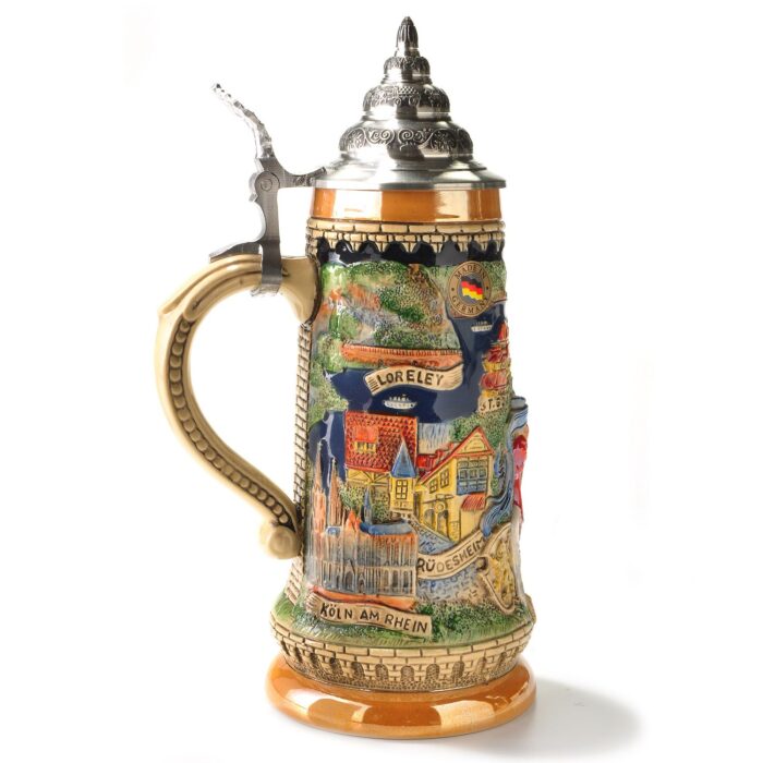 Vater Rhein Krug 1/2 Ltr., kobalt, handbemalt mit Zinndeckel – Bild 4