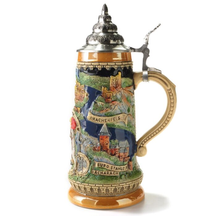 Vater Rhein Krug 1/2 Ltr., kobalt, handbemalt mit Zinndeckel – Bild 3