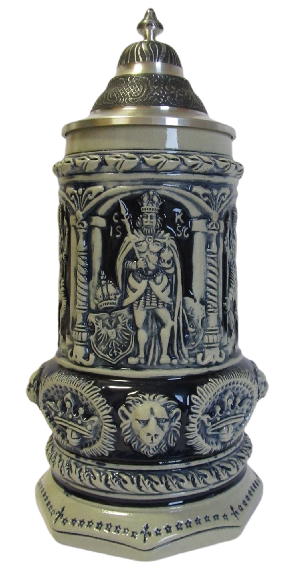 Königkrug, 3/4 ltr. steingrau, Spitz-Zinndeckel Thewalt 1893