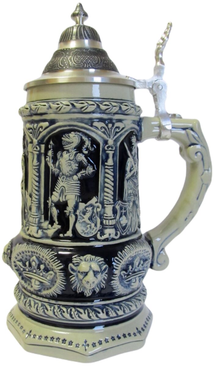 Königkrug, 3/4 ltr. steingrau, Spitz-Zinndeckel Thewalt 1893 – Bild 4