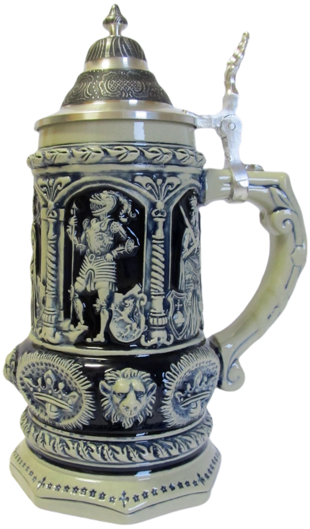 Königkrug, 3/4 ltr. steingrau, Spitz-Zinndeckel Thewalt 1893 – Bild 4