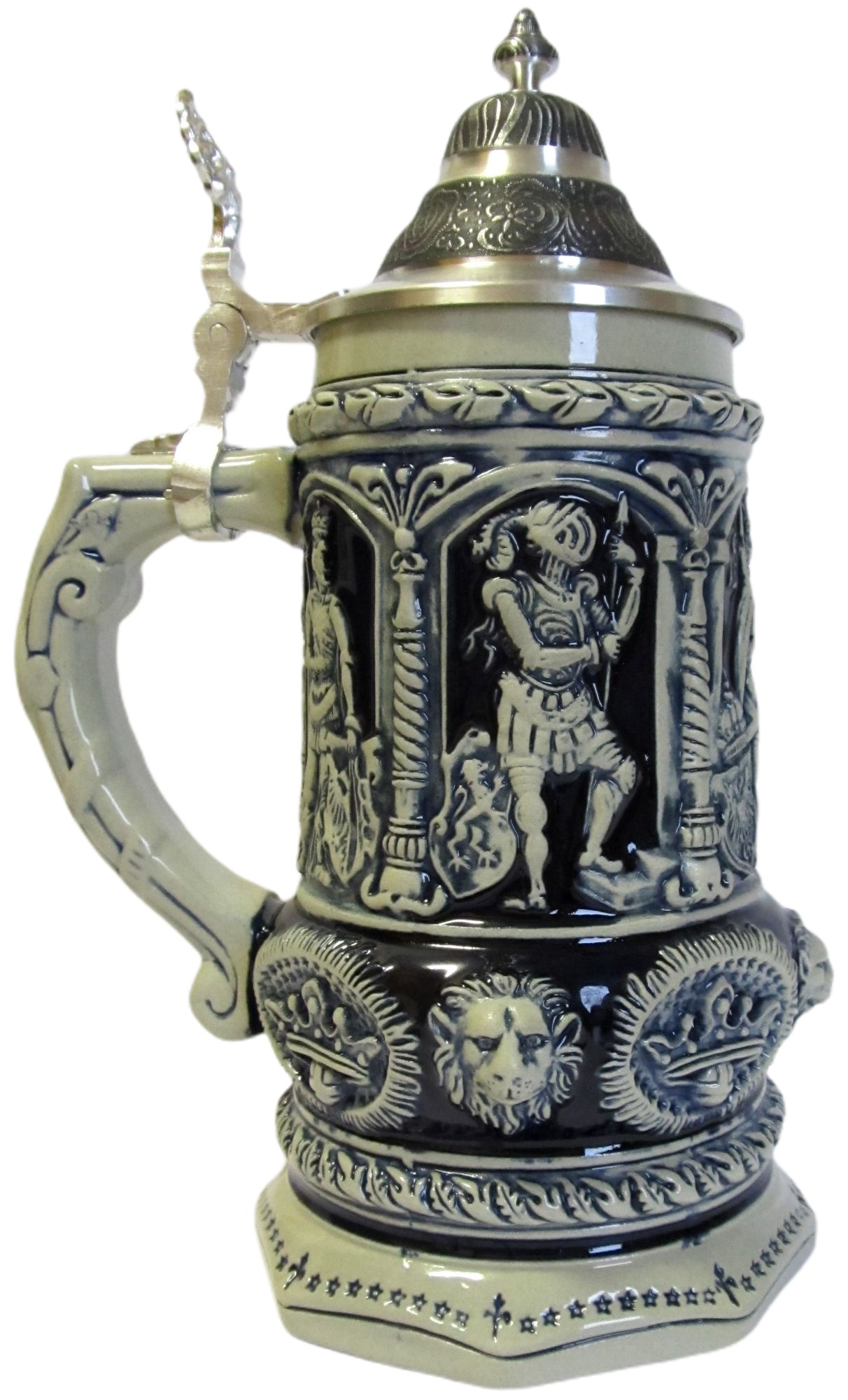 Königkrug, 3/4 ltr. steingrau, Spitz-Zinndeckel Thewalt 1893 – Bild 3