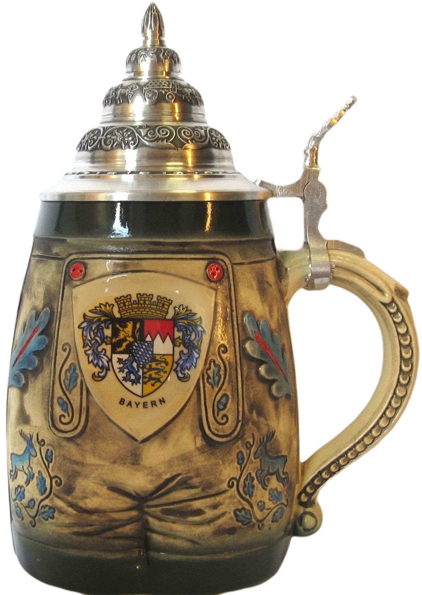 Trachtenhosen-Krug 3/4 ltr., bemalt mit Zinndeckel