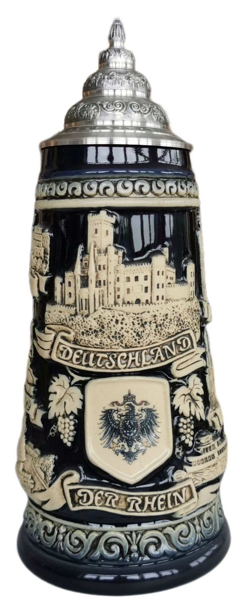 Rhein Panorama 1/2 Liter Krug, steingrau, mit Zinndeckel