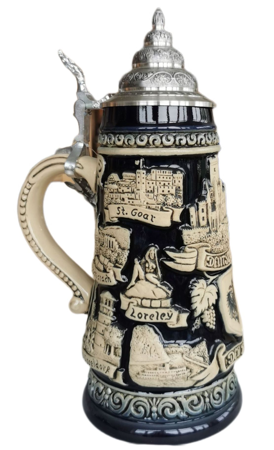 Rhein Panorama 1/2 Liter Krug, steingrau, mit Zinndeckel – Bild 4