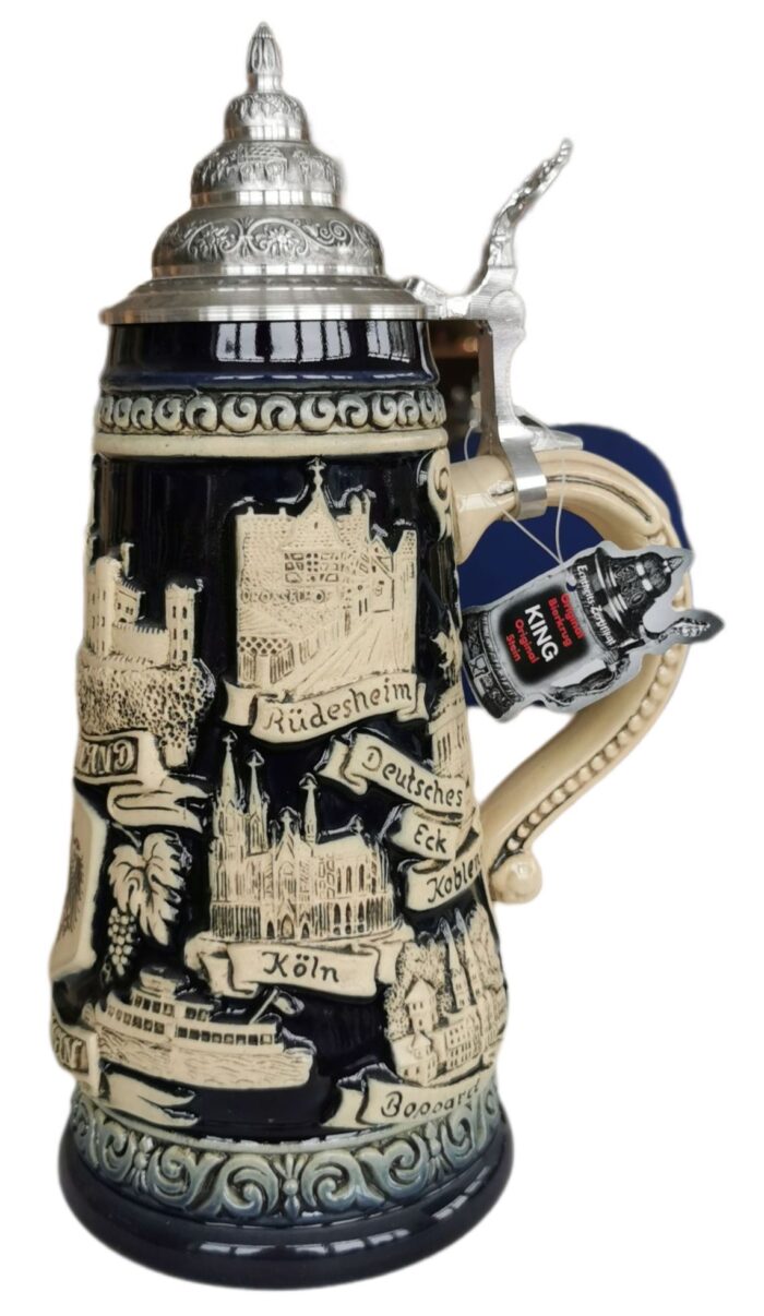 Rhein Panorama 1/2 Liter Krug, steingrau, mit Zinndeckel – Bild 3