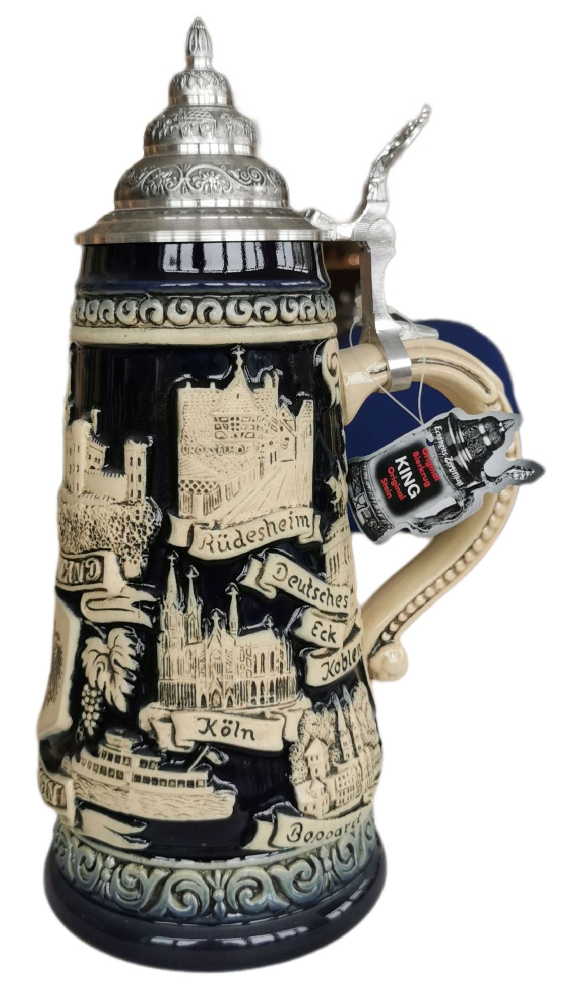 Rhein Panorama 1/2 Liter Krug, steingrau, mit Zinndeckel – Bild 3