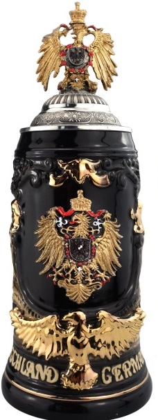 Deutschlandkrug schwarz, 3/4 ltr., Mitte Zinnadler gold, Zinnadler-Deckel gold, Adler-Henkel Goldbemalung