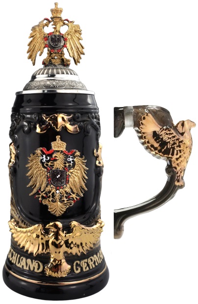 Deutschlandkrug schwarz, 3/4 ltr., Mitte Zinnadler gold, Zinnadler-Deckel gold, Adler-Henkel Goldbemalung – Bild 4