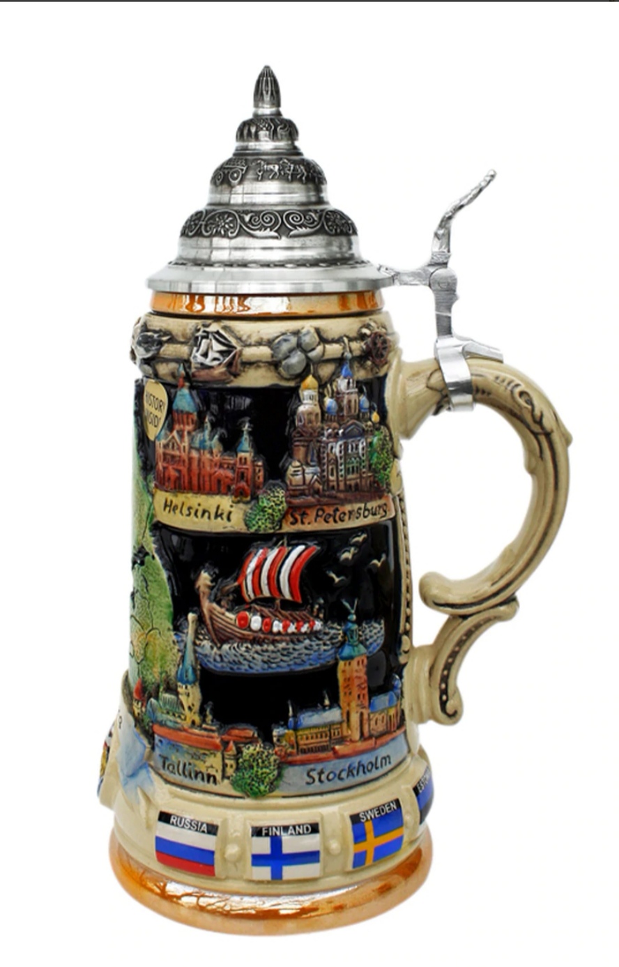 Baltische See 3/4 ltr. bemalt, Reliefkrug mit Zinndeckel – Bild 5