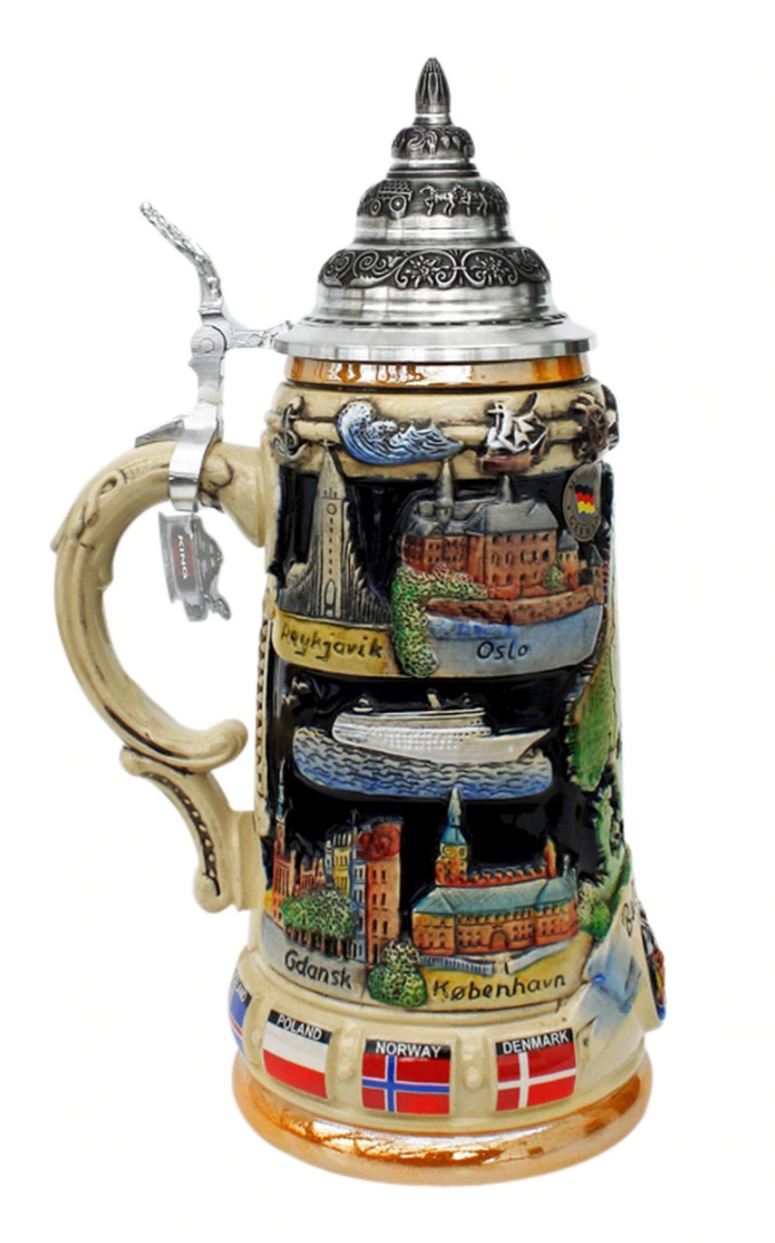 Baltische See 3/4 ltr. bemalt, Reliefkrug mit Zinndeckel – Bild 4