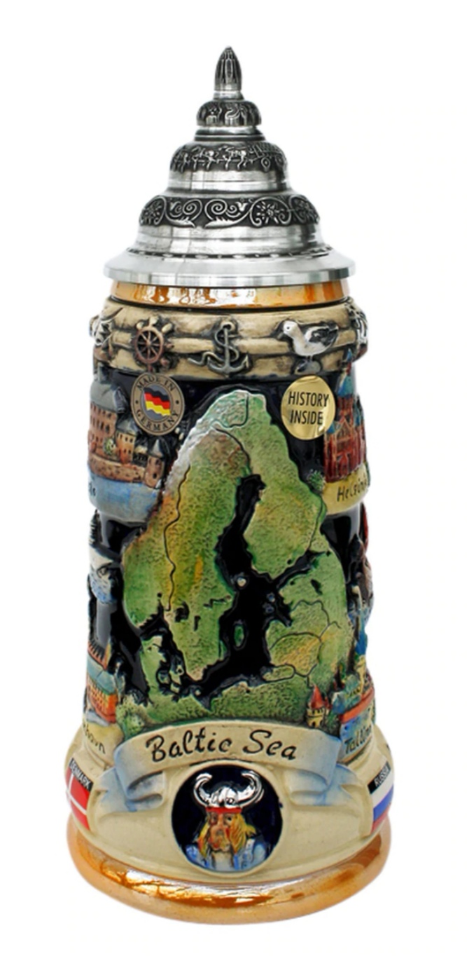 Baltische See 3/4 ltr. bemalt, Reliefkrug mit Zinndeckel – Bild 3
