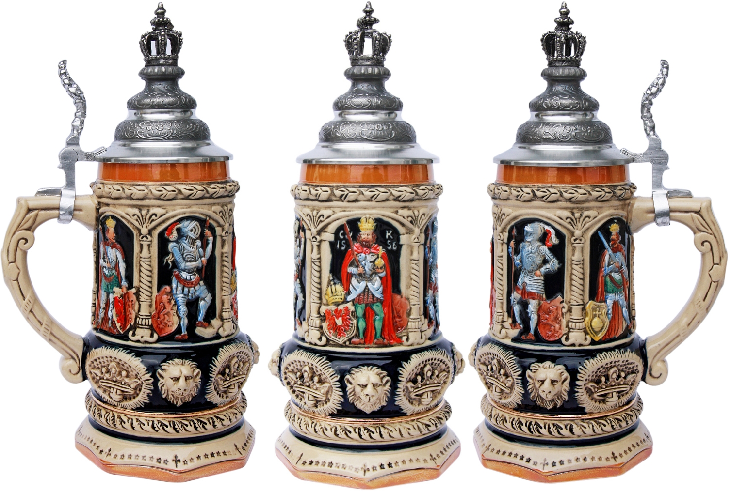 Königkrug,3/4 Liter, kobalt, bemalt, mit Kronen-Zinndeckel, Thewalt 1893