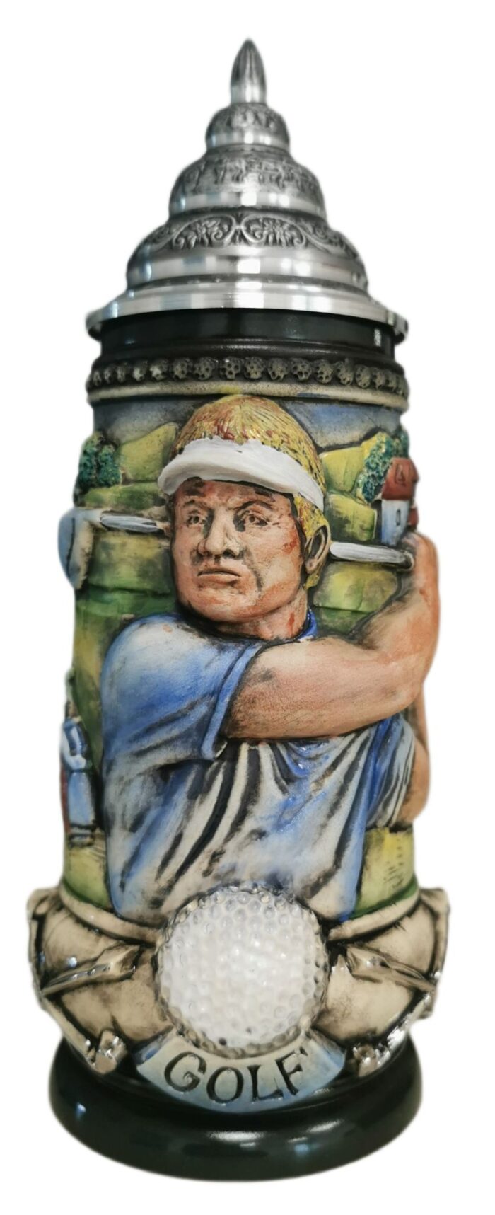 Golfer Krug, handbemalt, 1/2 Ltr., Zinndeckel