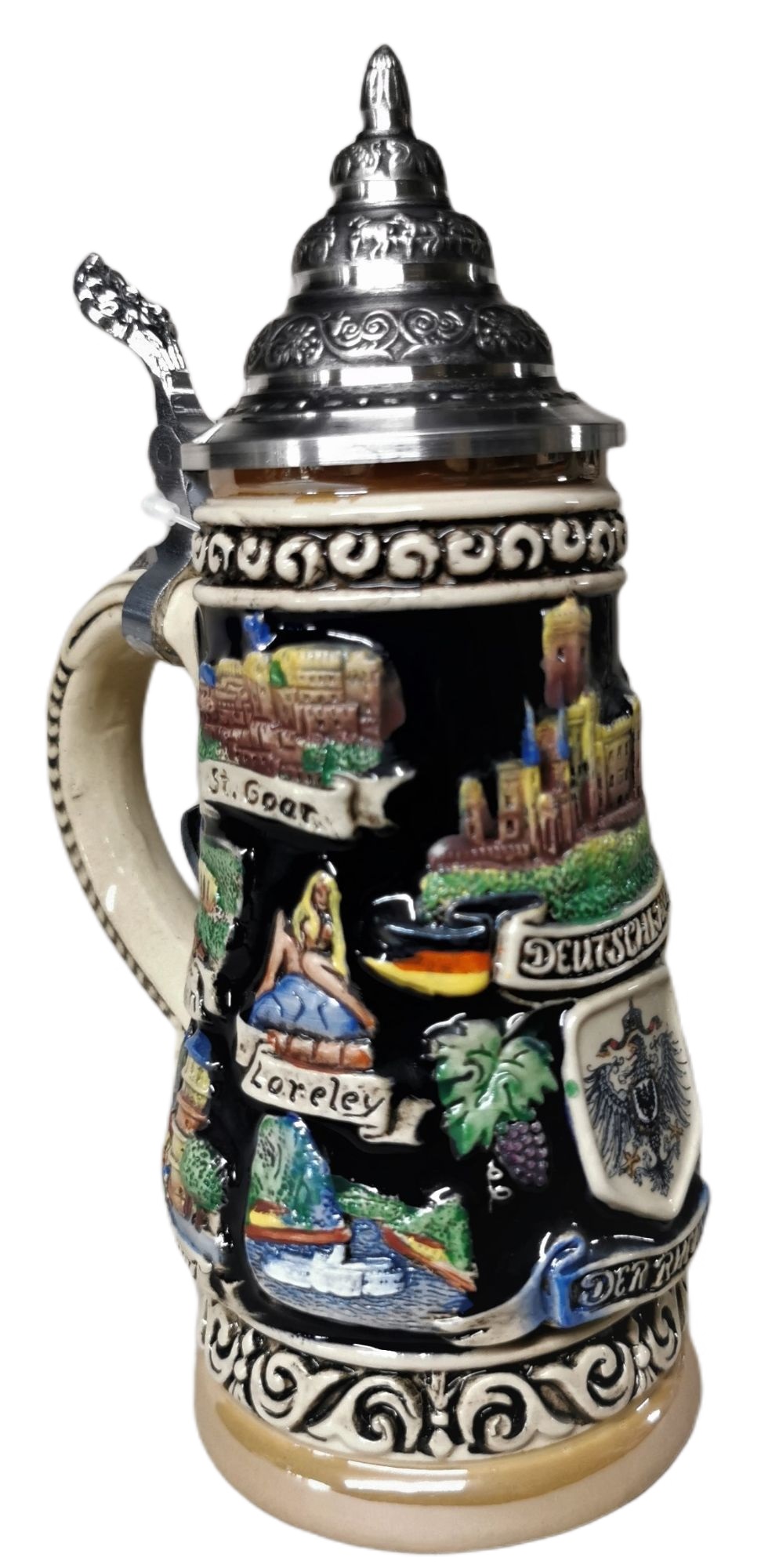 Rhein Panorama 1/4 Liter Krug bemalt mit Zinndeckel – Bild 2