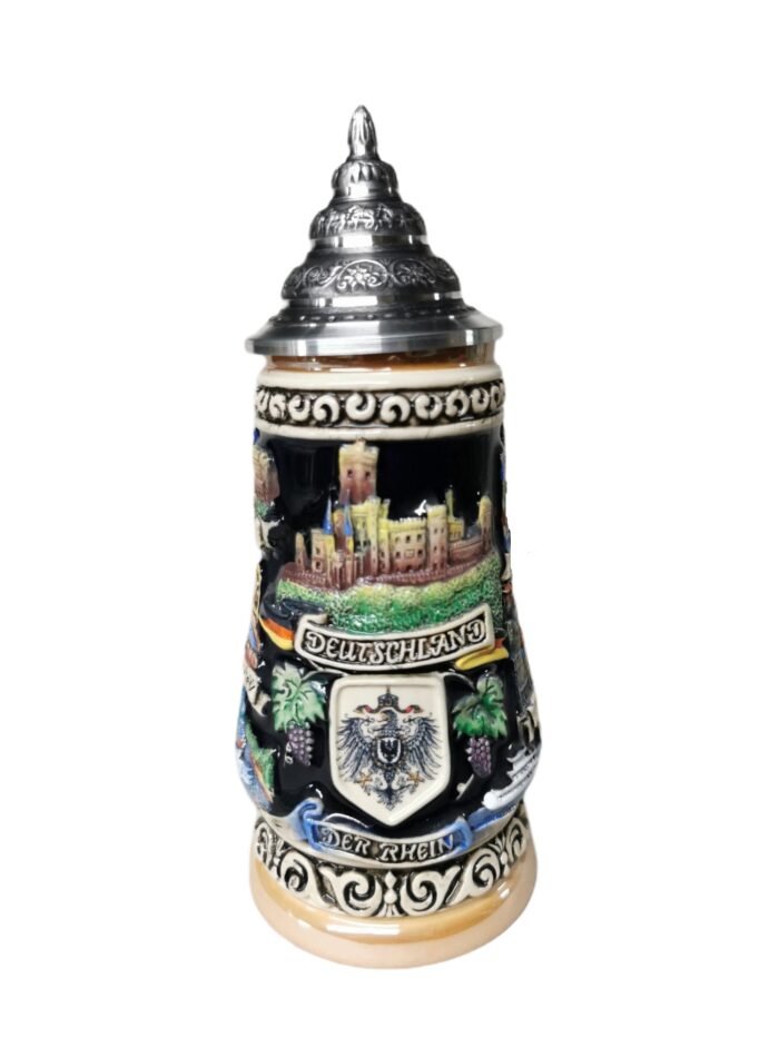 Rhein Panorama 1/4 Liter Krug bemalt mit Zinndeckel