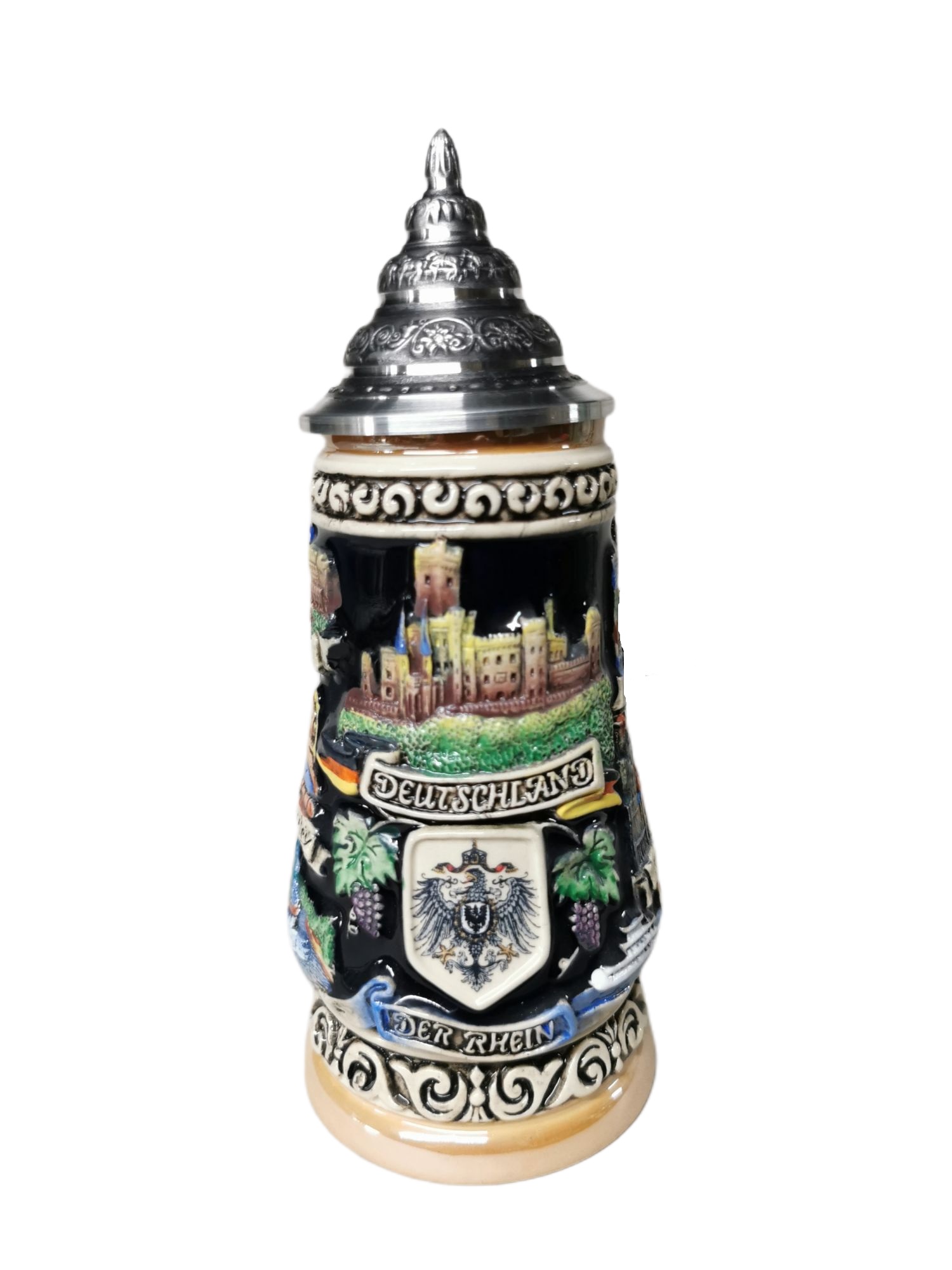Rhein Panorama 1/4 Liter Krug bemalt mit Zinndeckel