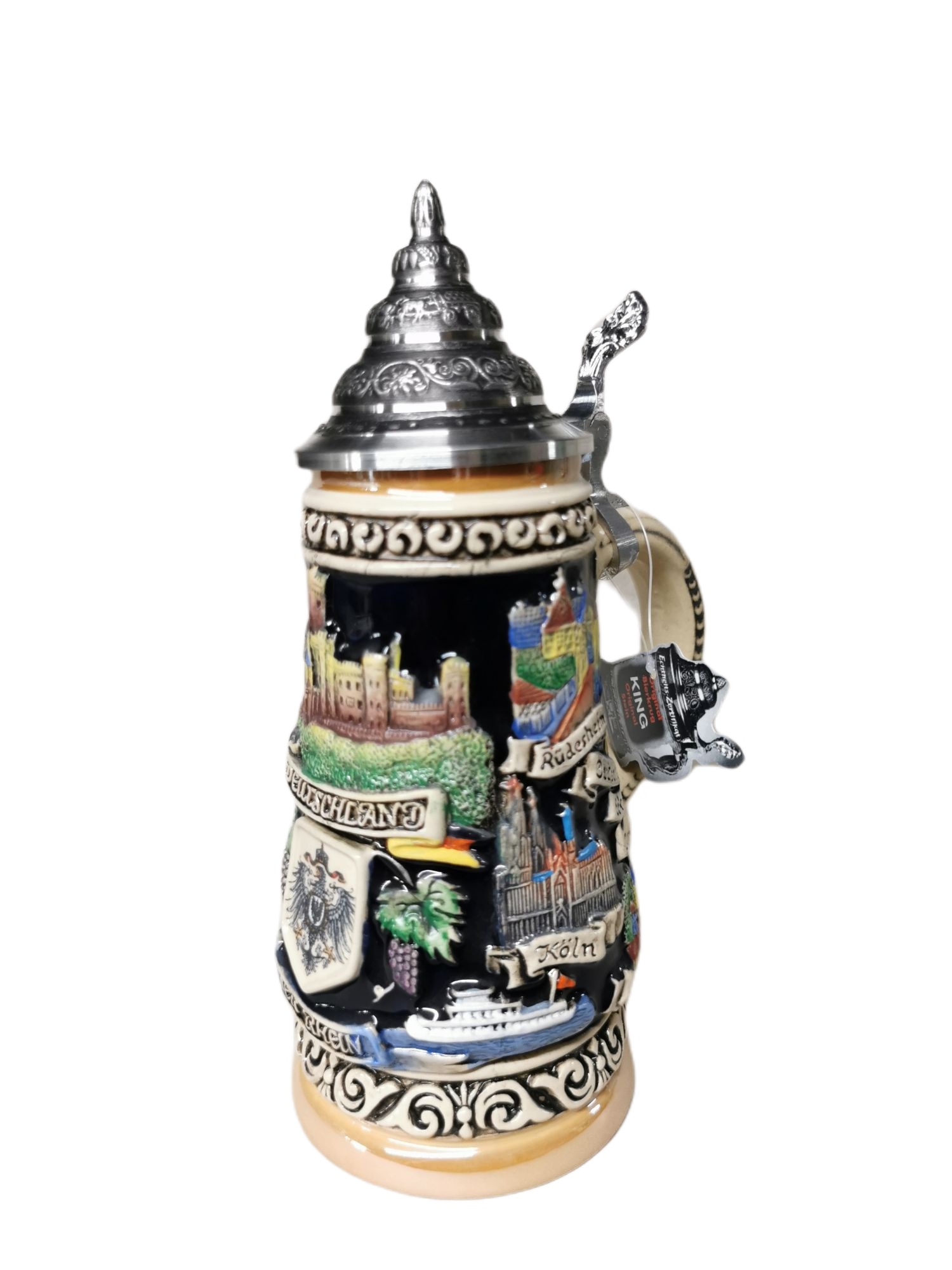 Rhein Panorama 1/4 Liter Krug bemalt mit Zinndeckel – Bild 4