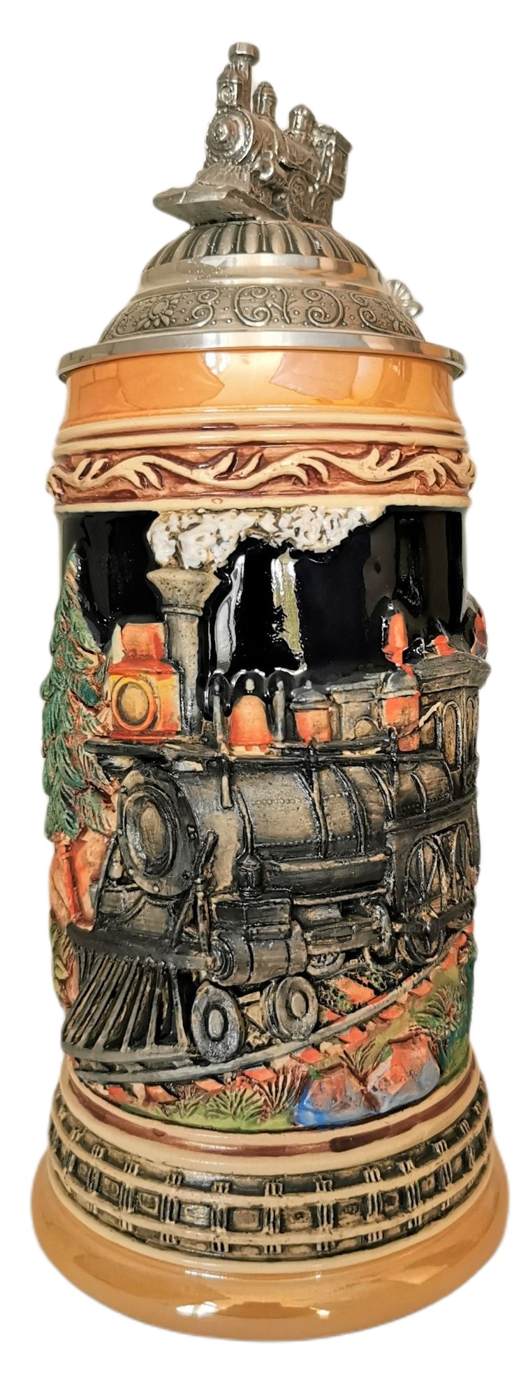 Eisenbahn Lokomotive Krug 1/2 Ltr, kobalt, bemalt, . mit Lok ZD