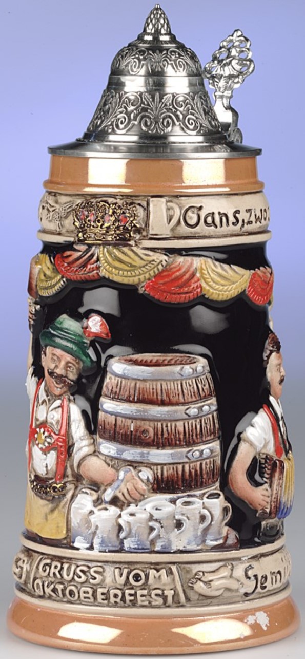 Oktoberfest Fassanstich Bierkrug 1/2 Ltr.. Kobalt, bemalt, Spitzzinndeckel