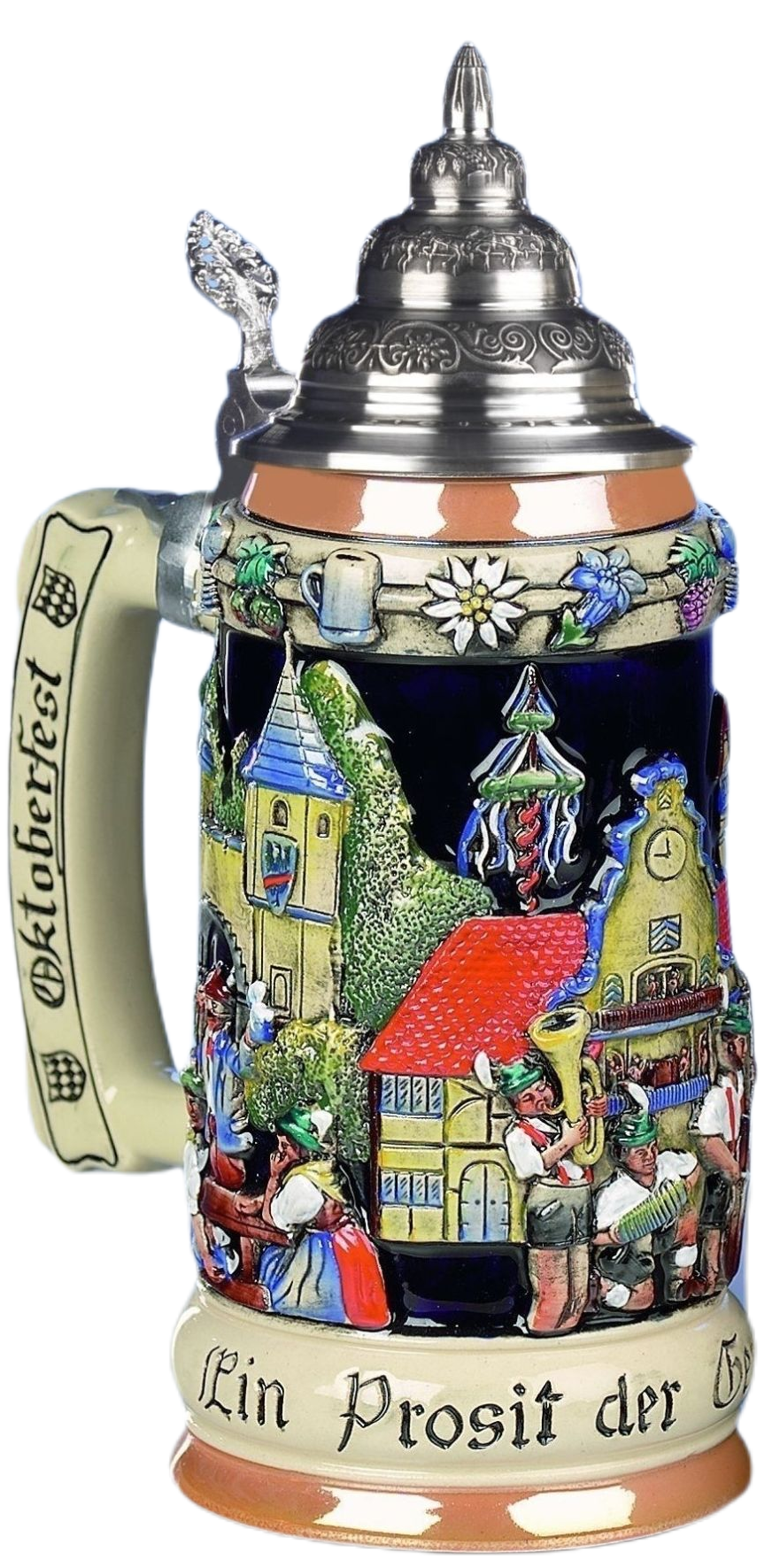 Oktoberfest "Prosit der Gemütlichkeit" Krug 3/4 Ltr., kobalt, bemalt, Spitzzinndeckel