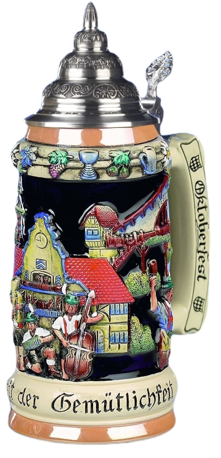 Oktoberfest "Prosit der Gemütlichkeit" Krug 3/4 Ltr., kobalt, bemalt, Spitzzinndeckel – Bild 3