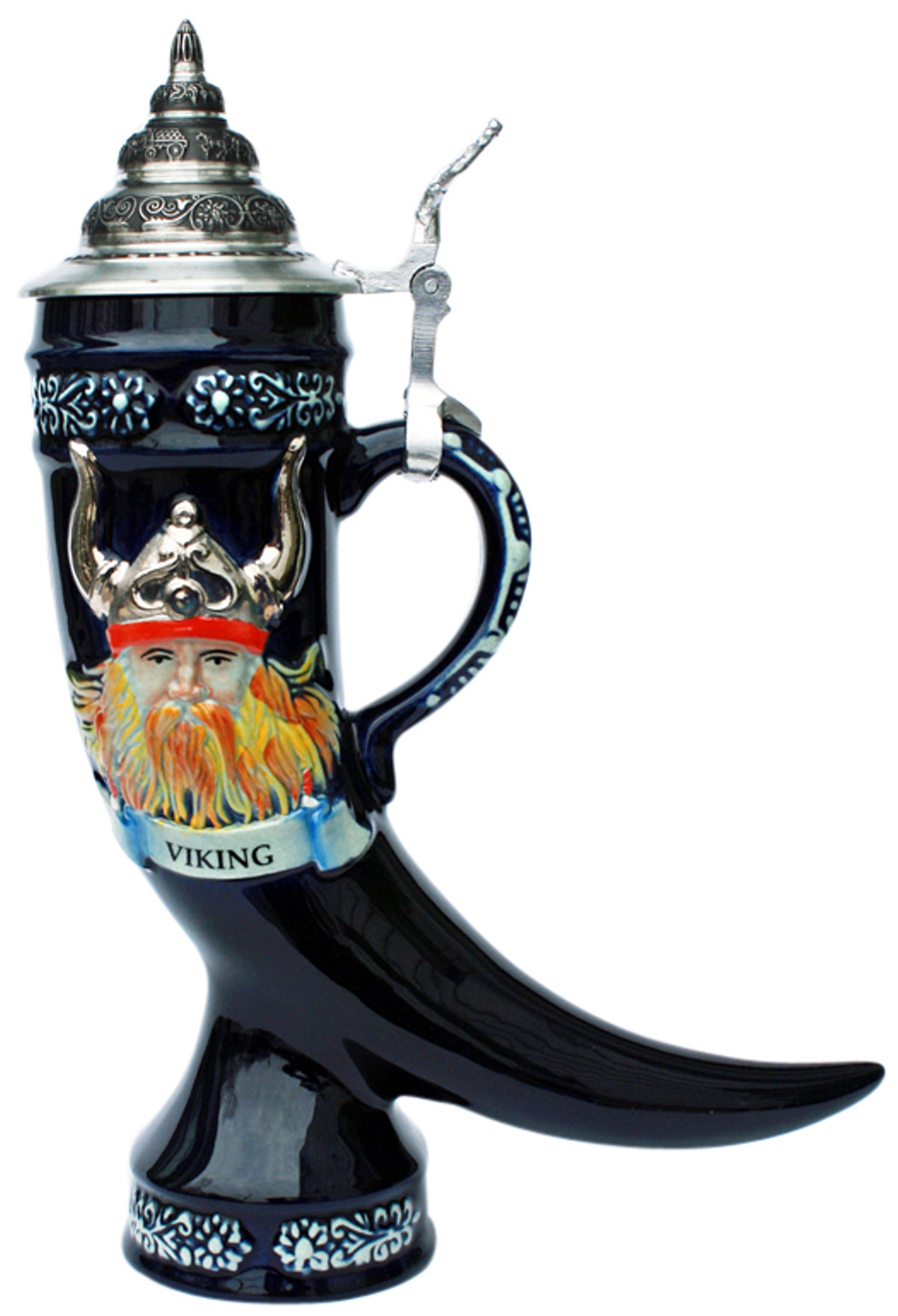 Wikinger Horn - Krug 1/2 ltr. kobalt, bemalt, m. Henkel und Helm-Zinndeckel