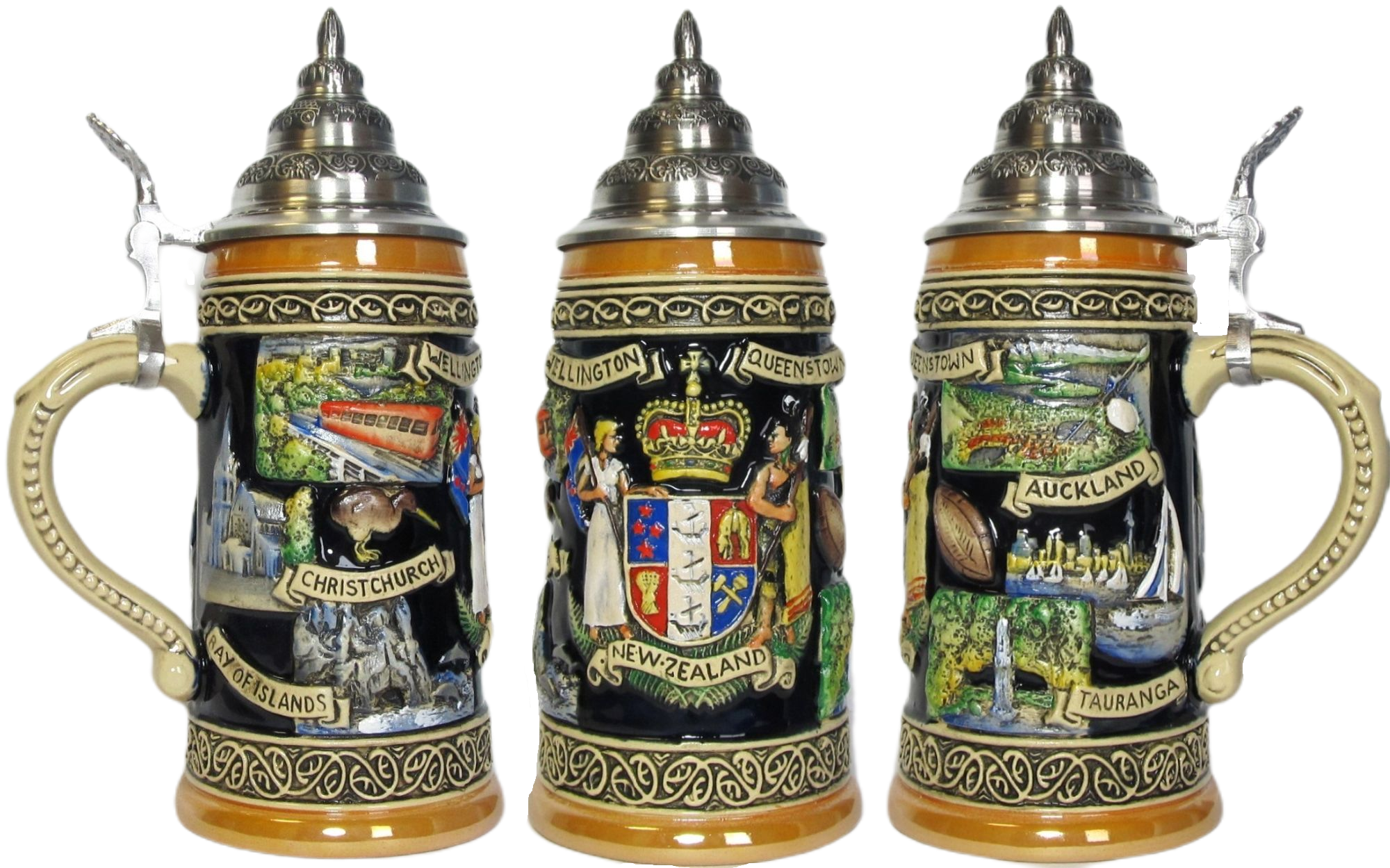 Neuseeland Panorama Krug Rustika bemalt mit Zinndeckel – Bild 5