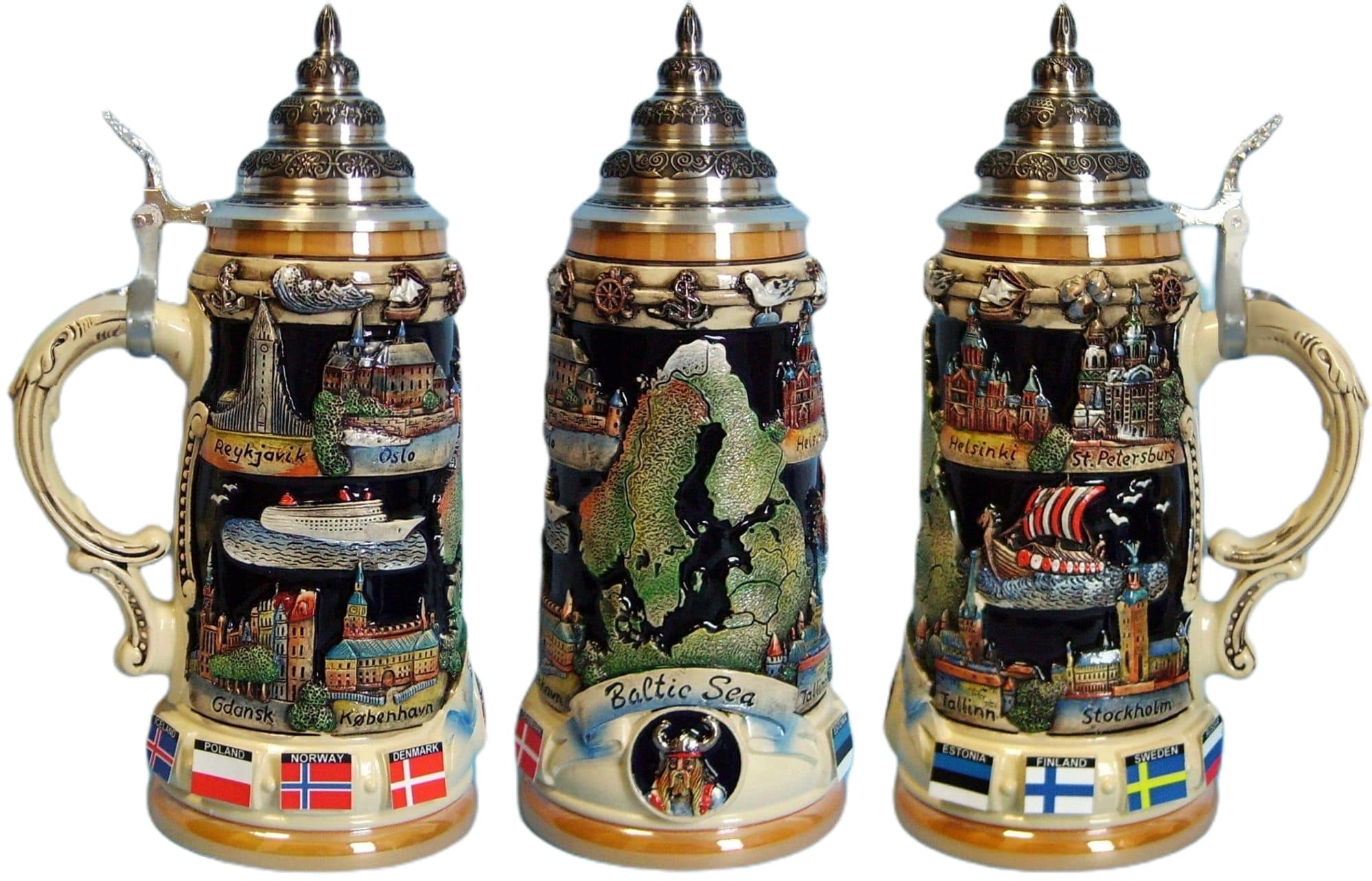 Baltische See 3/4 ltr. bemalt, Reliefkrug mit Zinndeckel
