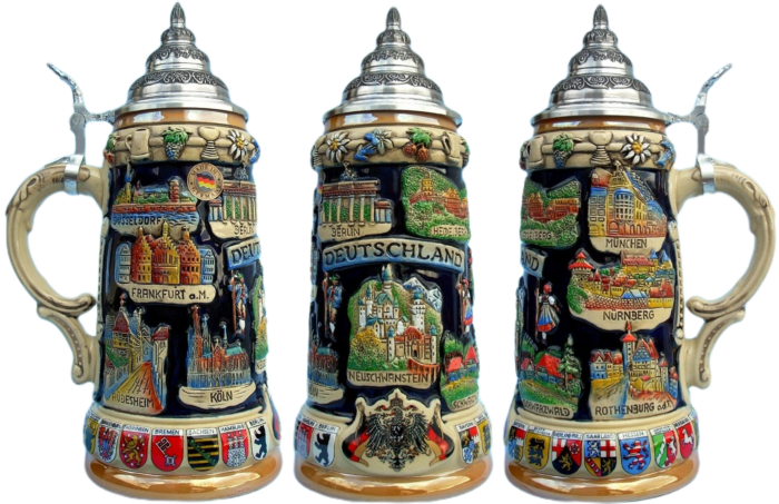 Deutschland Panorama Seidel 3/4 Ltr., kobalt, handbemalt, mit Zinnspitzdeckel