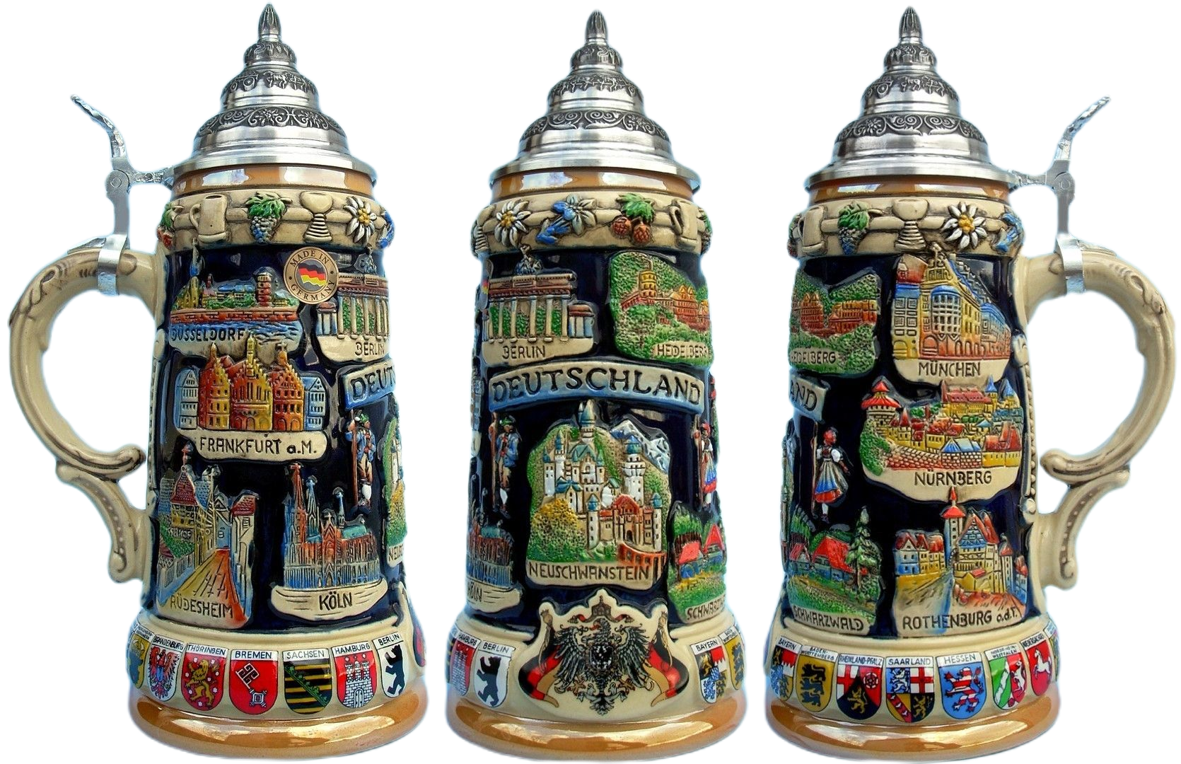 Deutschland Panorama Seidel 3/4 Ltr., kobalt, handbemalt, mit Zinnspitzdeckel