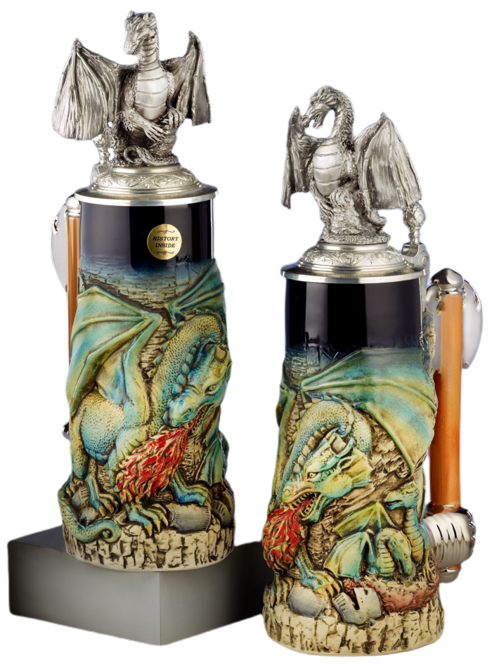 Drachenkrug 0,75L, kobalt, bemalt, Drachen-Zinndeckel, Thewalt 1893
