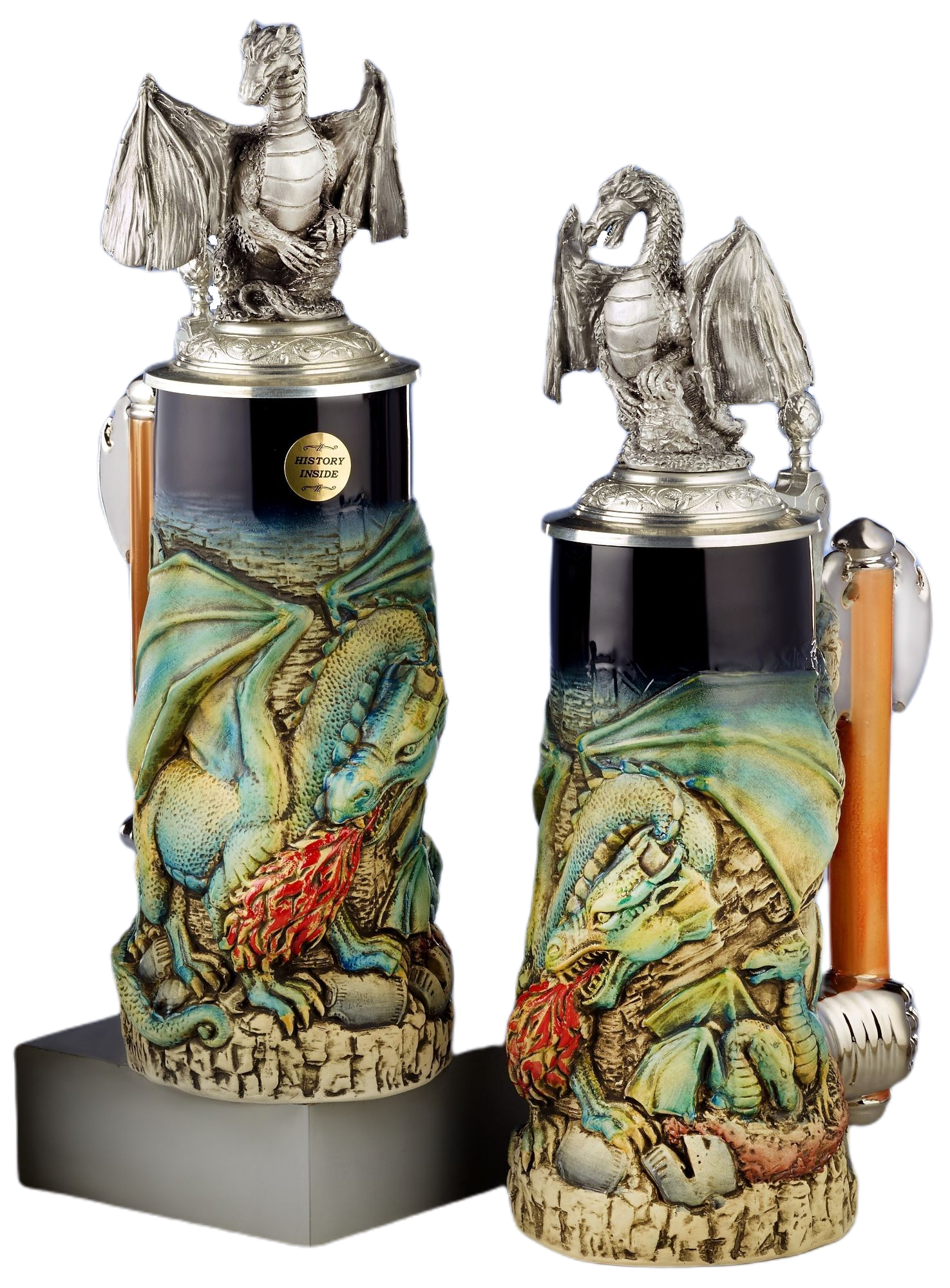Drachenkrug 0,75L, kobalt, bemalt, Drachen-Zinndeckel, Thewalt 1893