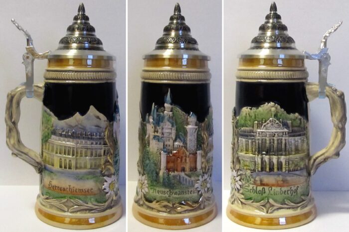 Königsschlösser Krug 1/4 ltr,, kobalt, bemalt, Zinndeckel Thewalt 1893