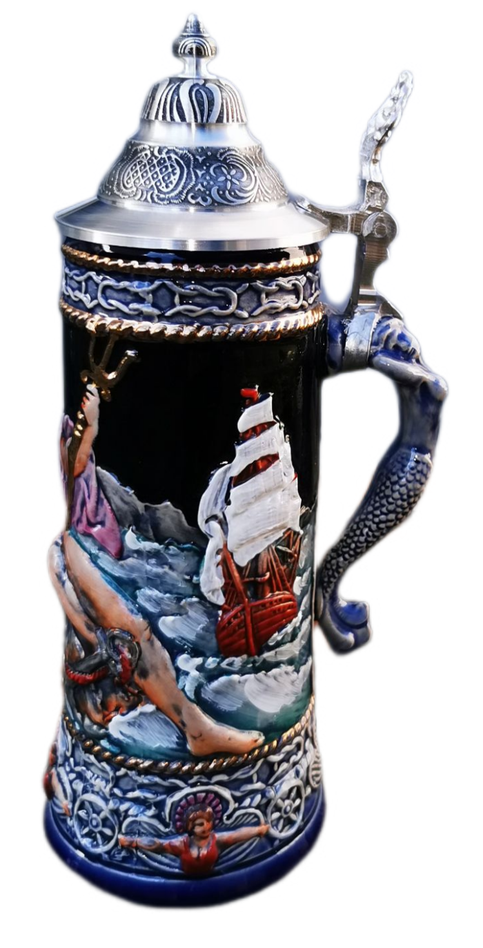 Neptun Krug 0,5Ltr., kobalt, bemalt, Zinndeckel Thewalt – Bild 5
