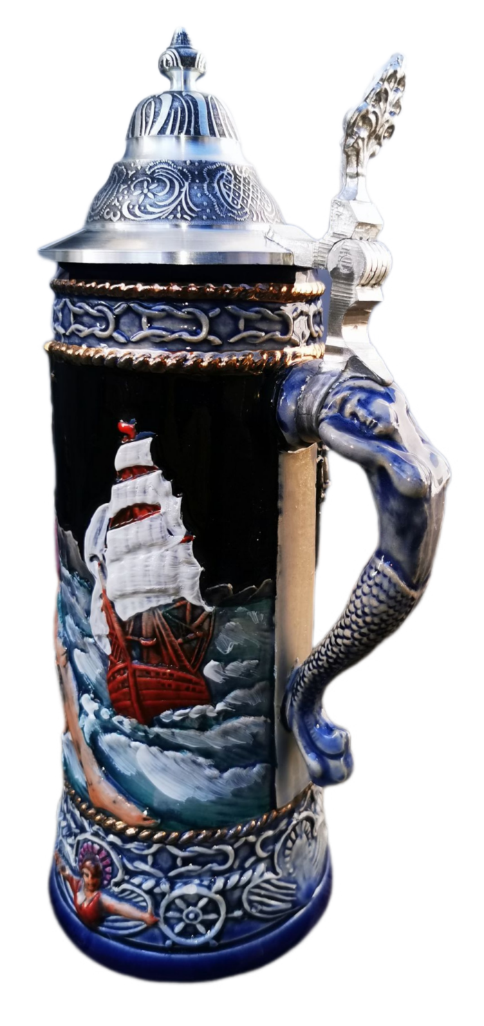 Neptun Krug 0,5Ltr., kobalt, bemalt, Zinndeckel Thewalt – Bild 6