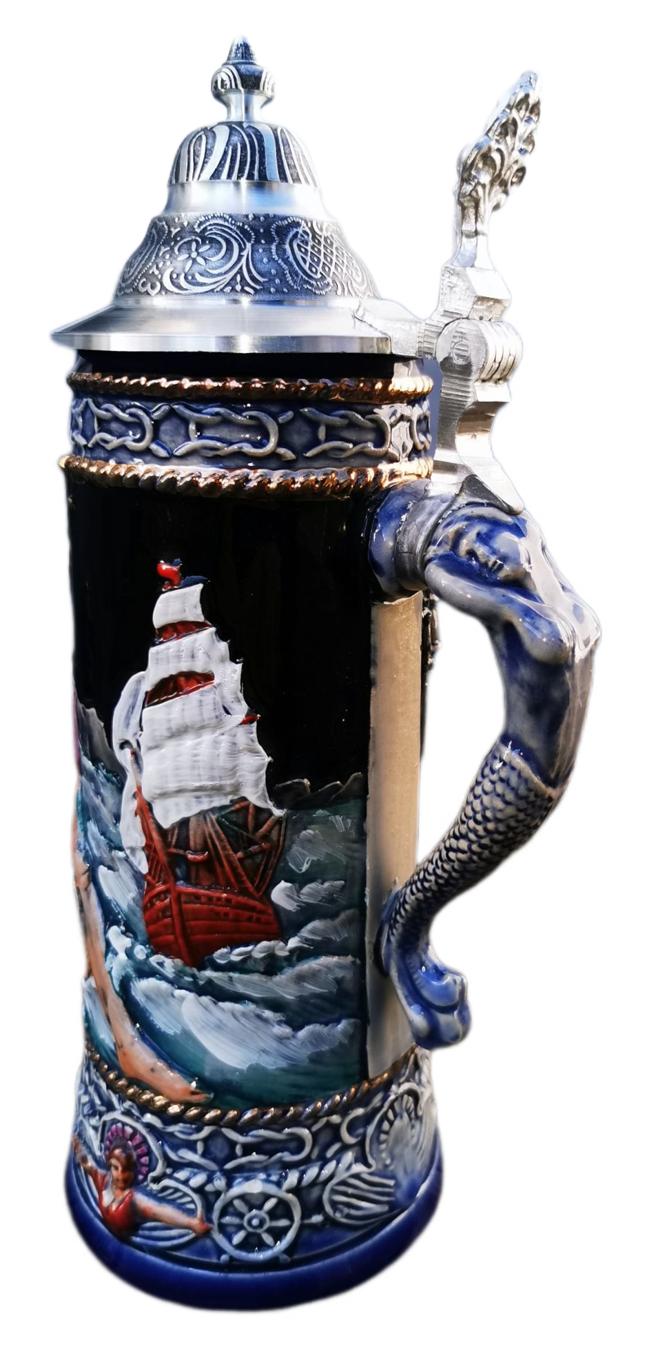 Neptun Krug 0,5Ltr., kobalt, bemalt, Zinndeckel Thewalt – Bild 6