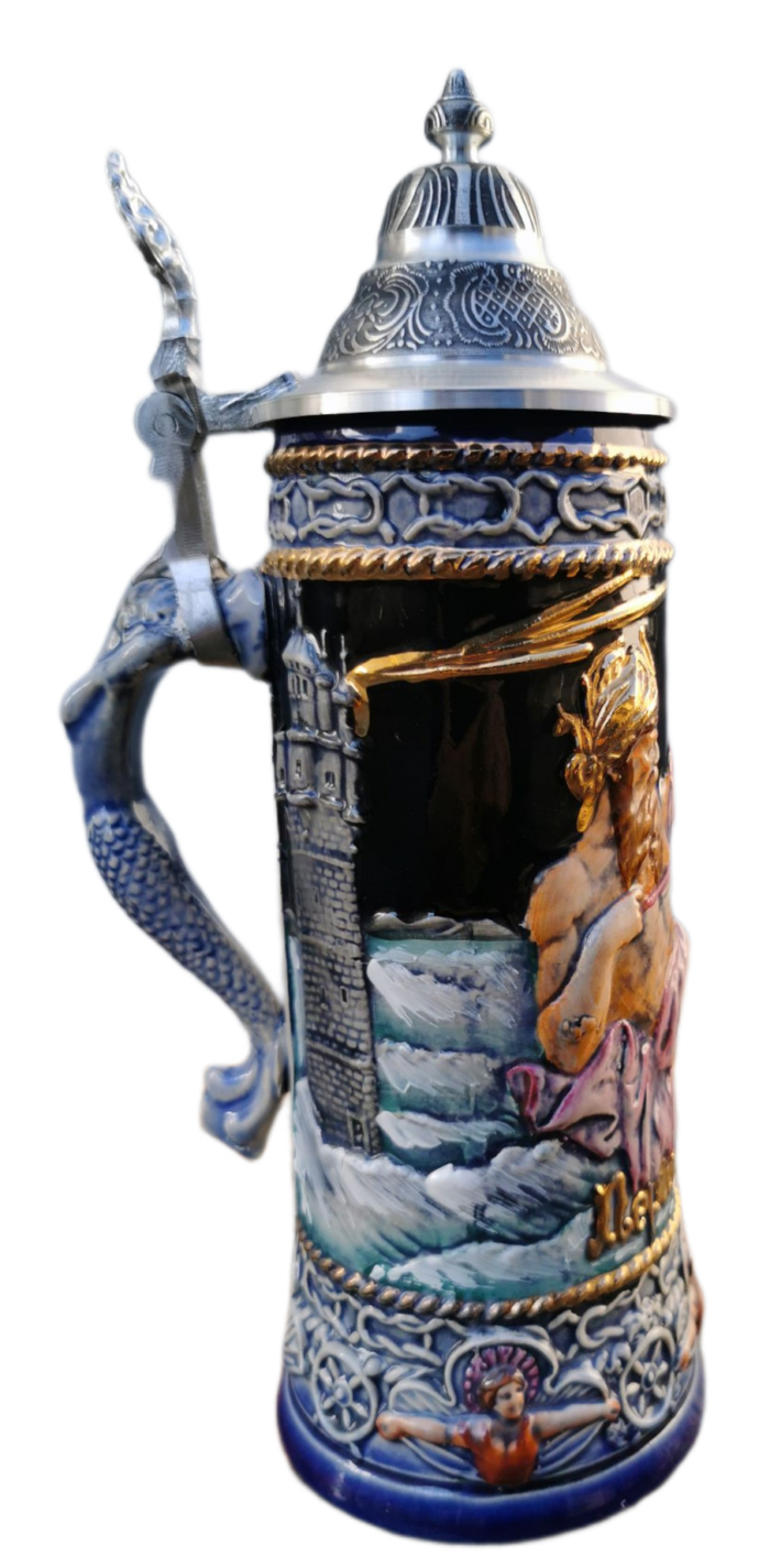 Neptun Krug 0,5Ltr., kobalt, bemalt, Zinndeckel Thewalt – Bild 4