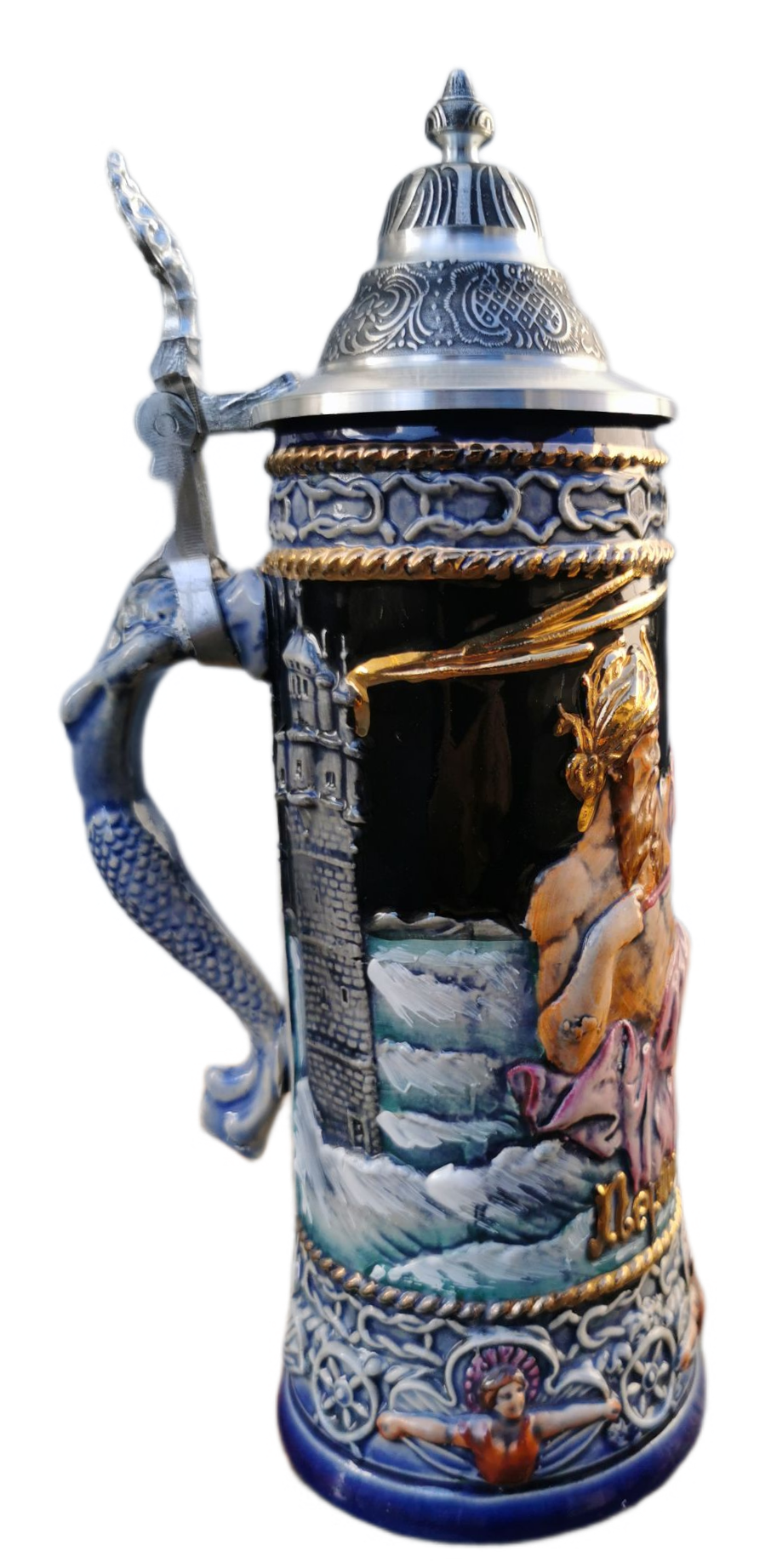 Neptun Krug 0,5Ltr., kobalt, bemalt, Zinndeckel Thewalt – Bild 4