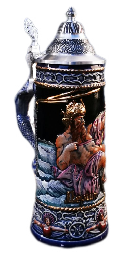 Neptun Krug 0,5Ltr., kobalt, bemalt, Zinndeckel Thewalt