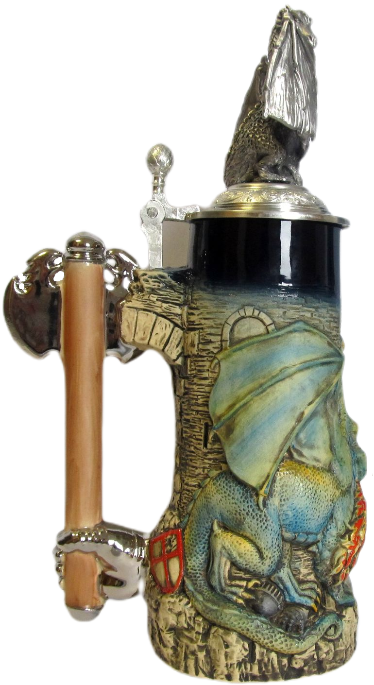 Drachenkrug 0,75L, kobalt, bemalt, Drachen-Zinndeckel, Thewalt 1893 – Bild 3