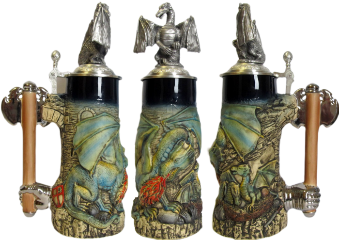Drachenkrug 0,75L, kobalt, bemalt, Drachen-Zinndeckel, Thewalt 1893 – Bild 5